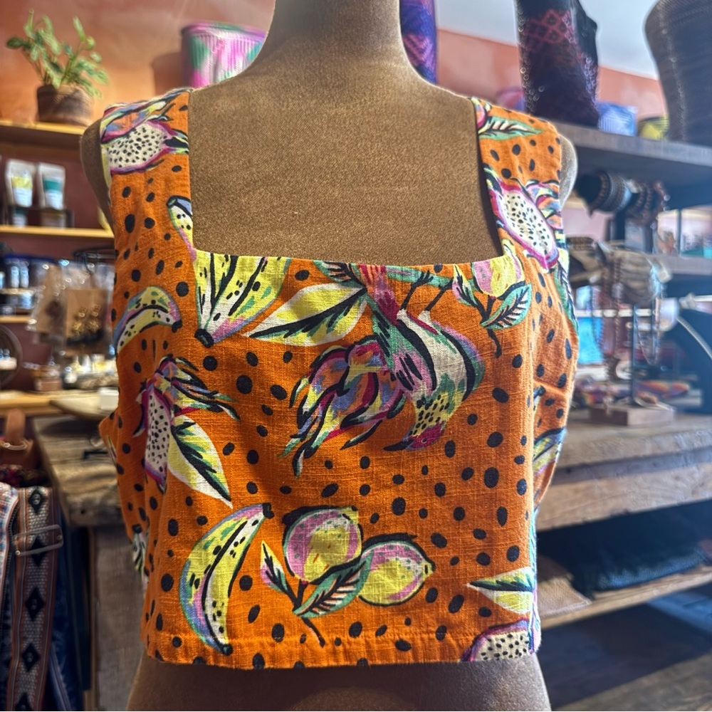 SOLD Tropical Orange Linen blend Floral Crop Top Large - Picture 3 of 12